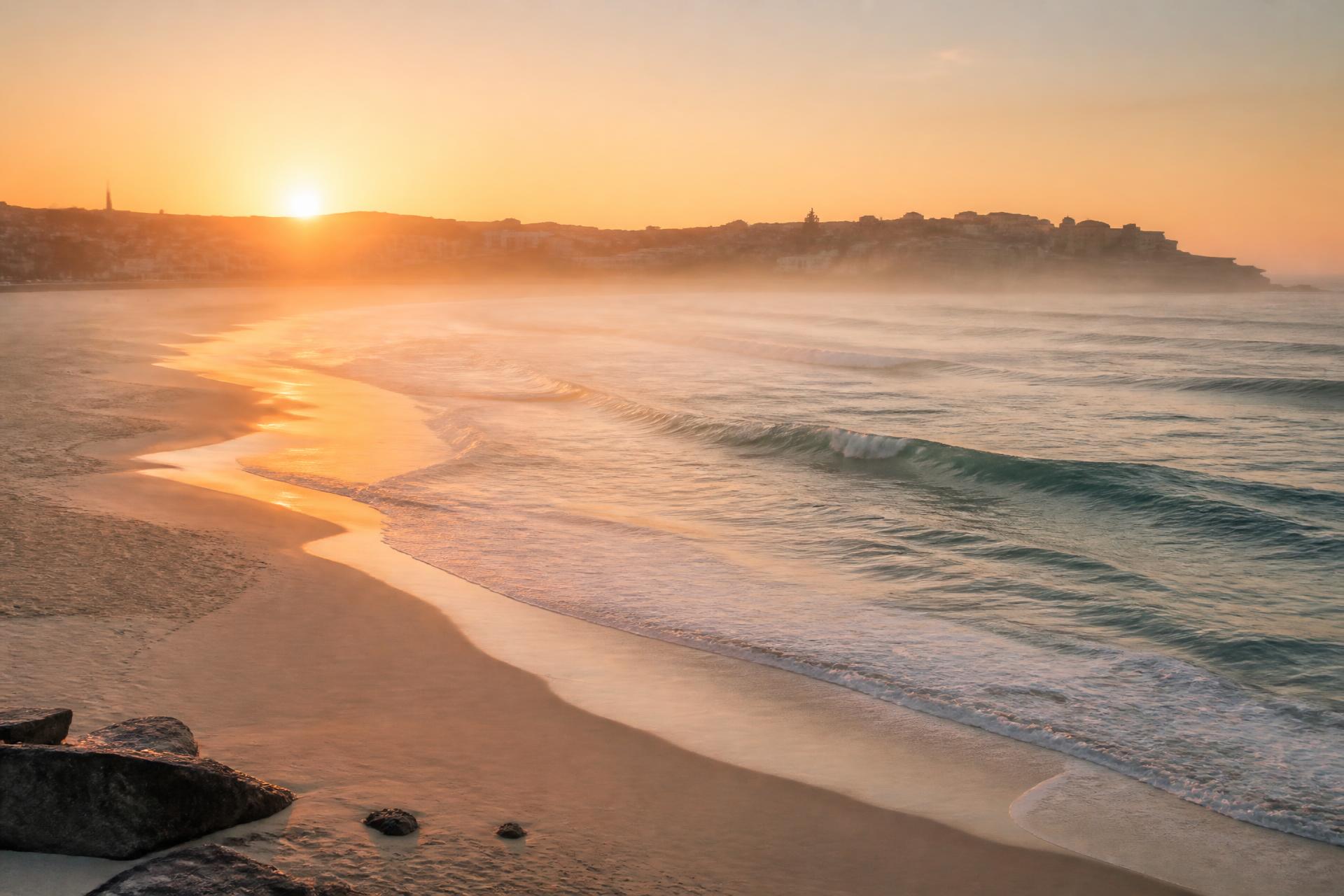 Sunrise over Bondi Beach, with soft waves rolling onto pale golden sand